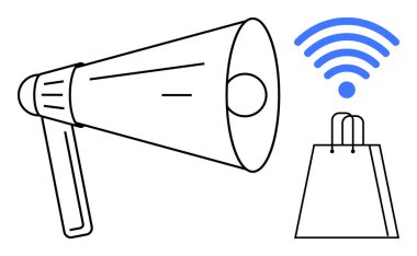 Kablosuz sembol ve alışveriş çantalı megafon. Reklam, e-ticaret, dijital pazarlama, çevrimiçi promosyonlar, pazarlama stratejileri, perakende satış ve iletişim için ideal. Satır metaforu