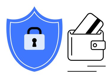 Shield with lock icon next to wallet with credit card illustrates financial security and safe transactions. Ideal for banking, online payments, personal finance, cybersecurity, data protection, fraud clipart