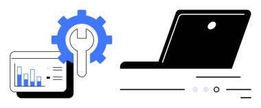 Çizgi detaylarıyla yan yana dizüstü bilgisayar mavi dişli ve anahtarla süslenmiş. Teknoloji desteği, veri analizi, yazılım geliştirme, iş analizleri, bilişim hizmetleri, mühendislik için ideal