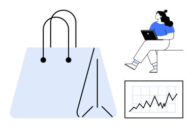 Dizüstü bilgisayarı olan bir kadın, büyük bir alışveriş çantası, yükselen satış tablosu. Çevrimiçi alışveriş, e-ticaret, iş büyümesi, dijital pazarlama, satış eğilimleri, perakende analizi, tüketici davranışı için ideal. Çizgi