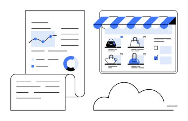Çeşitli ürünleri gösteren bir alışveriş sitesinin yanında grafikler ve grafiklerle analitik raporlar. İş analizi, e-ticaret, çevrimiçi alışveriş, veri görselleştirme, pazarlama, satış için ideal