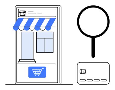 Akıllı telefon vitrininde güneşlik, büyüteç ikonu ve kredi kartı var. E-ticaret, mobil alışveriş, ürün araması, çevrimiçi ödemeler, dijital perakende, İnternet pazarlaması için ideal