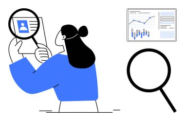 Analitik çizelgesi olan ve büyüteç simgesini ayıran bir profilin üzerinde büyüteç tutan kadın. İşe alım, veri analizi, İK, iş analizleri, araştırma, iş arama için ideal