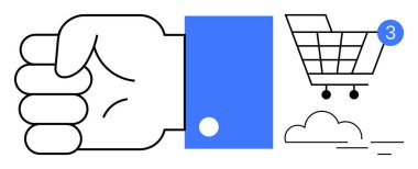 Bir tebligat, üç parça alışveriş arabası ve bulut. E-ticaret, çevrimiçi alışveriş, satın alma hatırlatıcıları, dijital pazarlama, satış uyarıları, müşteri ilişkileri için ideal