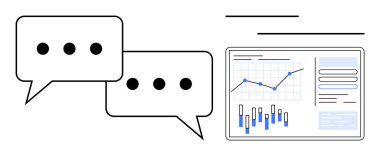 Elipsli iki sohbet baloncuğu ve grafikler, çizelgeler ve grafikler içeren bir veri paneli. İş iletişimi, veri analizi, raporlama, işbirliği, çevrimiçi toplantılar, dijital pazarlama için ideal