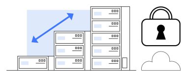 Veri sunucuları, bir güvenlik kilidi ve bulut simgesinin yanında büyümeyi gösteren grafiklerle dolu. Teknoloji, veri depolama, bulut hesaplama, siber güvenlik, bilişim altyapısı, iş için ideal