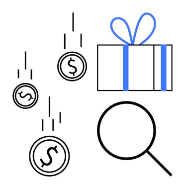 Büyüteç, içinde dolar işaretleri olan bozuk paralar, finansal kazancı temsil eden mavi kurdeleli hediye kutusu, değer bulma ve ödüller. Finans, yatırım, e-ticaret, iş pazarlaması için ideal
