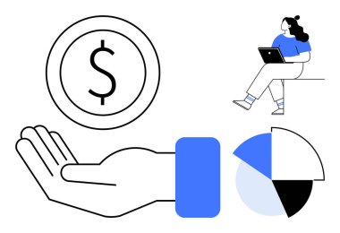 El ele tutuşan bir dolar mali yönetimi simgeler, pasta grafiği veri analizini temsil eder, ve bilgisayarlı analizci uzaktan çalışmayı gösterir. İş stratejisi, finans ve veri analizi için ideal