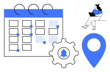 İşaretli tarihli takvim, alarm zilli ekipman, yer belirleyici, dizüstü bilgisayarda çalışan kadın. Etkinlik planlaması, verimlilik, zamanlama, proje yönetimi, hatırlatıcılar, konum
