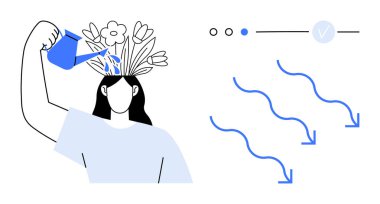 Başlarından çıkan çiçekleri sulayan kişi gelişim göstergelerini, çizgileri ve okları sembolize ediyor. Kendini geliştirme, sağIık, büyüme ve ruh sağlığı için ideal