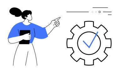 Bir kadın tablet tutarken arayüzdeki elementleri işaret ediyor, üzerinde kontrol işareti olan bir dişlinin yanında. İş süreçleri, iş akışı otomasyonu, görev yönetimi, üretkenlik, yazılım için ideal