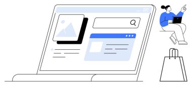 Geniş ekranda görüntüler ve arama çubuğu ile temsil edilen çevrimiçi mağazaya bakmak için dizüstü bilgisayar kullanan bir kadın. E-ticaret, çevrimiçi alışveriş, dijital pazarlama, web tasarımı, kullanıcı deneyimi, uzaktan çalışma için ideal