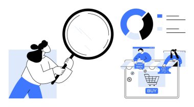 İş kadını elinde büyüteç, e-ticaret panelini istatistik, alışveriş arabası ve nakit para teklifleriyle analiz ediyor. E-ticaret, analitik, veri, pazarlama, trendler ve perakende müşteri için ideal