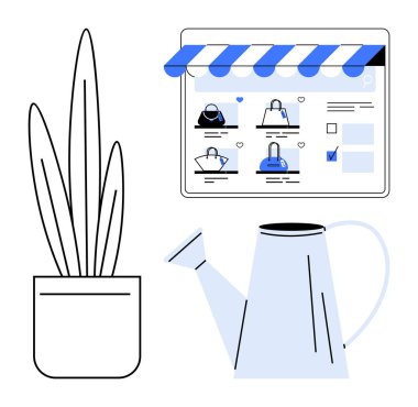 Çevrimiçi alışveriş arayüzü yakında bir bitki ve sulama kutusuyla el çantası seçeneklerini gösteriyor. E-ticaret, alışveriş, ürün vitrini, çevrimiçi mağaza, web sitesi tasarımı, pazarlama ve dijital için ideal