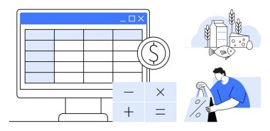 Finansal tabloyu gösteren bilgisayar ekranı, para birimi sembolü, hesap makinesi, bakkaliye ve alışveriş çantalı kişi. Bütçe planlaması, market planlaması, finansal okur yazarlık, tasarruf tavsiyeleri, kişisel bilgiler için ideal