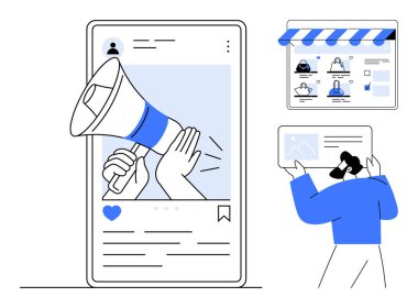 Sosyal medya paylaşımında megafonu tutan bir el, tabletteki e-ticaret sitesi. Dijital pazarlama, çevrimiçi reklamcılık, sosyal medya kampanyaları, e-ticaret, marka tanıtımı, nüfuzlu sosyal yardım