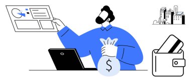 Çizelgeleri inceleyen adam dizüstü bilgisayarın, binaların ve kredi kartlı cüzdanın yanında para çantası tutuyor. Finans, bankacılık, tasarruf, ekonomi girişimciliği için bütçe ayıran yatırımlar için idealdir. Çizgi