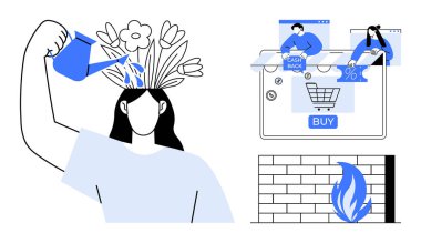 Fikirleri çiçeklere dönüştüren, nakit para ve güvenlik duvarı koruma sistemiyle çevrimiçi alışveriş yapan bir kadın. Dijital sağlık, internet güvenliği, e-ticaret, yaratıcılık, kişisel refah için ideal