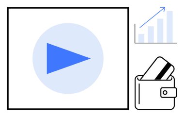 Mavi oynatma tuşu, cüzdanda kredi kartı ve büyümeyi gösteren yukarı doğru çizelge. Finansal eğitim, çevrimiçi ödemeler, dijital öğrenme, video pazarlama, bankacılık, büyüme stratejileri için ideal