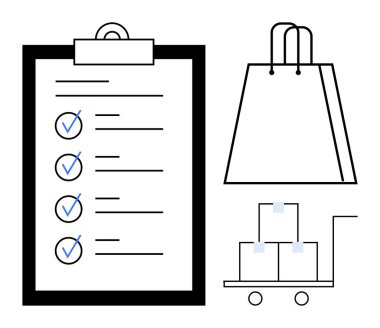 Üzerinde işaretler olan alışveriş listesi panosu, alışveriş torbası ve kutularla dolu el arabası. Perakende, lojistik, organizasyon işleri, planlama, ofis yönetimi teslimat hizmetleri için idealdir. Çizgi