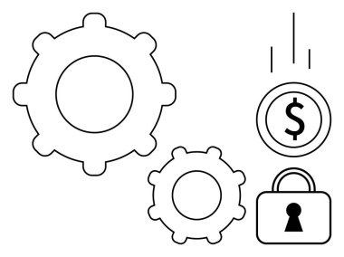 Vites, dolar işareti ve asma kilit finans, operasyon ve güvenlik entegrasyonunu temsil ediyor. İş, mühendislik, fintech, siber güvenlik otomasyon yatırımı stratejik planlama için ideal
