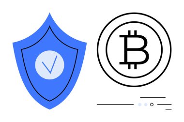 Bitcoin sembolünün yanında işaretli güvenlik kalkanı dijital korumayı vurguluyor. Siber güvenlik, finans teknolojisi, dijital platformlar, engelleme teknolojisi, çevrimiçi mahremiyet, sanal