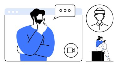 Ekranda sanal toplantı yapan iş adamı, telefonu kullanan kişi, daire şeklinde avatar. Uzaktan çalışma, video konferans, çevrimiçi iletişim, sosyal medya, dijital işbirliği, telekomünikasyon için ideal