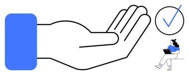 Mavi kollu açık el, onay ve verimlilik öneren dizüstü bilgisayardaki işaretli ve oturan kadını temsil eder. İş için ideal, destek, başarı, teknoloji, takım çalışması