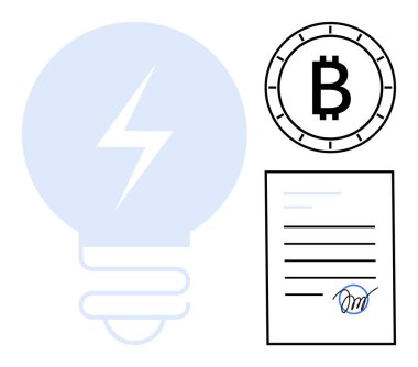 Bitcoin sembolü saat gibi bir çizginin içinde, yıldırımlı büyük bir ampul ve imzalı bir belge. Kripto para birimi, engelleme zinciri teknolojisi, elektronik imzalar, dijital sözleşmeler için ideal