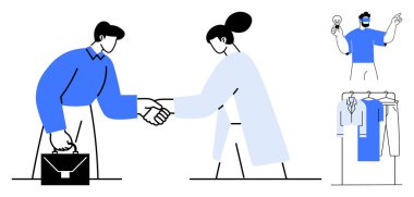 İş adamları el sıkışıyor, başka biri ampul tutuyor ve iş kıyafetleri askıda. Başlangıç kültürü, takım oluşturma, inovasyon, ağ oluşturma, girişimcilik, profesyonellik için ideal