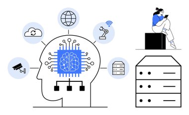 Bulut, dünya, güvenlik kamerası, robot kolu ve sunucuya bağlı bir beyin devresi olan insan kafası. Dizüstü bilgisayarı olan kadın büyük sunucu yığınının yanında. Yapay zeka, teknoloji ve yenilik araştırmaları için ideal.