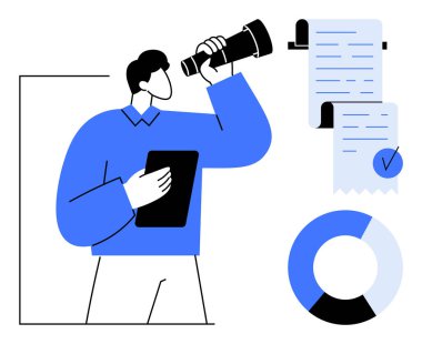 Kişi bir tablet tutuyor ve bir çizelge ve pasta grafiğiyle parşömen dokümanlarını incelemek için teleskop kullanıyor. İş analizleri, veri keşfi, hedef belirleme, pazar araştırması, stratejik