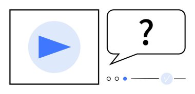 Soru işareti olan üç küçük nokta, mavi çizgi ile sohbet baloncuğunun yanındaki kare çerçevenin içinde mavi üçgen şeklinde oynat. Medya, iletişim, teknik dersler, çevrimiçi öğrenim için ideal