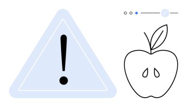 Uyarı üçgeninin içindeki ünlem işareti, çekirdekli ve saplı basit bir çizgi çizilmiş elmanın yanında. Güvenlik uyarıları, sağlık uyarıları, uyarı işaretleri, beslenme tavsiyesi ve eğitim materyali için ideal