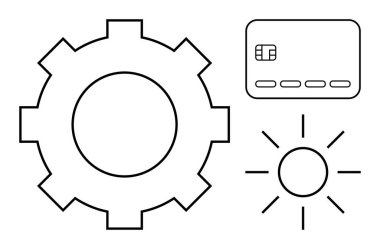 Vites dişlisi, çipli kredi kartı ve güneş ikonu. Finansal teknoloji, yenilik, bankacılık, teknoloji, mühendislik, dijital ödemeler ve kullanıcı arayüzü kavramları için idealdir. Satır metaforu