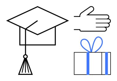 Graduation cap with tassel, an open hand gesture, and a gift box with blue ribbon. Ideal for education, achievement, celebration, congratulation, milestones success and recognition. Line metaphor clipart