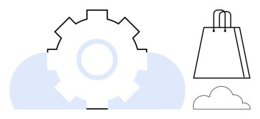 Alışveriş çantasının yanındaki bulutlar teknoloji entegrasyonunu yansıtıyor. Teknoloji, perakende satış, bulut hesaplama, otomasyon, alışveriş, iş stratejisi, çevrimiçi piyasa için ideal. Satır metaforu