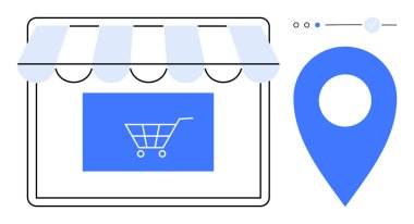 Çevrimiçi vitrinde bir tente ve alışveriş arabası ikonu ve yanında büyük mavi bir lokasyon iğnesi var. E-ticaret, çevrimiçi alışveriş, dijital pazarlama, perakende satış, küresel ticaret, web sitesi tasarımı için ideal