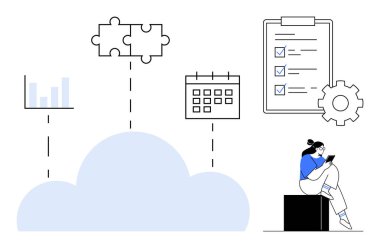 Tablet kullanan kadın çizelgeye, bulmaca parçalarına, takvime ve listeye bağlı. Üretkenlik, bulut depolama, görev yönetimi, planlama ve analitik için ideal