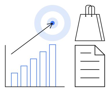 Yükselen eğilimli bir bar tablosu, hedefi vuran ok, alışveriş torbası ve doldurulmuş belge. İş stratejisi, pazarlama başarısı, satış, planlama, hedef başarı performansı için ideal