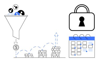 Kurşunlar huniye girer, yığılmış paraların üzerine düşen madeni paralara dönüşür ve büyümeyi gösterir. Asma kilit güvenliği simgeler. Takvim çizelgeleri, planlama. Pazarlama, finans ve güvenlik için ideal