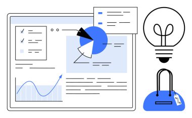 Haritalarla veri raporu, yenilikçi fikirler için ampul e-ticareti temsil eden el çantası. İş analizi, proje raporları, başlangıç kavramları, çevrimiçi perakende, sunumlar, pazarlama için ideal