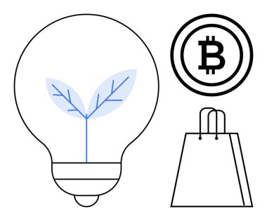 Bitkili ampul, Bitcoin sembolü ve alışveriş torbası sürdürülebilir yenilik, kripto para birimi ve çevre dostu tüketiciliği temsil ediyor. Teknoloji, finans, ekoloji ve sürdürülebilirlik için ideal