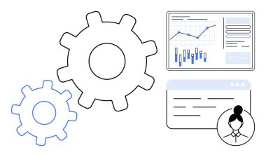 Veri tabloları ve kullanıcı simgesine sahip dişliler, analitik ve proje yönetimini sembolize ediyor. İş stratejisi için ideal, süreç optimizasyonu, takım çalışması, üretkenlik, planlama, otomasyon, teknoloji. Çizgi