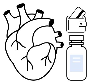 Cüzdanı olan bir cüzdanın yanında anatomik kalp ve beyaz arka planda ilaç şişesi. Sağlık, finans, tıbbi giderler, kardiyoloji, sigorta, bütçe ve ilaç için ideal