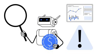 Robotun elinde büyüteç ve para birimi sembolü var. Tablodaki verileri uyarı işaretiyle analiz ediyor. Teknoloji, finans, veri analizi, otomasyon, risk yönetimi, güvenlik için ideal