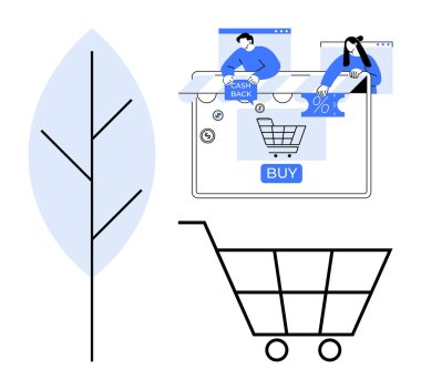 Alışveriş arabası, satın alma düğmeli dijital ekran, geri ödeme, indirim sembolleri ve çevre dostu yaprak. Çevrimiçi perakende satış, dijital pazarlama, e-ticaret platformları, çevresel sürdürülebilirlik için ideal