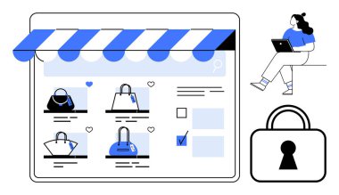 Alışveriş sitesinde el çantaları, dizüstü bilgisayarı olan bir kadın, güvenliği simgeleyen asma kilit simgesi. E-ticaret, çevrimiçi güvenlik, dijital pazarlama, perakende, müşteri hizmetleri, teknoloji için ideal