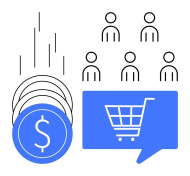Dolar sikkeleri yükselen finans hatları, insan simgeleri ve alışveriş arabalı mavi bir konuşma balonu ile birlikte istiflenir. E-ticaret, çevrimiçi pazarlama, satış stratejisi, finans ve tüketici için ideal