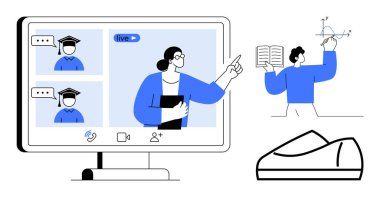 Öğretmen bilgisayar ekranındaki iki öğrenciye matematik öğretiyor. Matematik kitabı açık, denklem var. Eğitim, sanal öğrenme, çevrimiçi öğretim, e-öğrenme, uzaktan eğitim için ideal